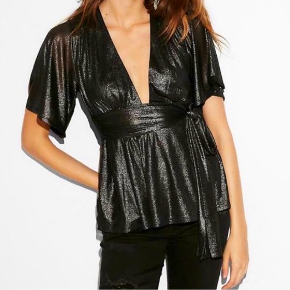 Express black metallic wrap top Size M